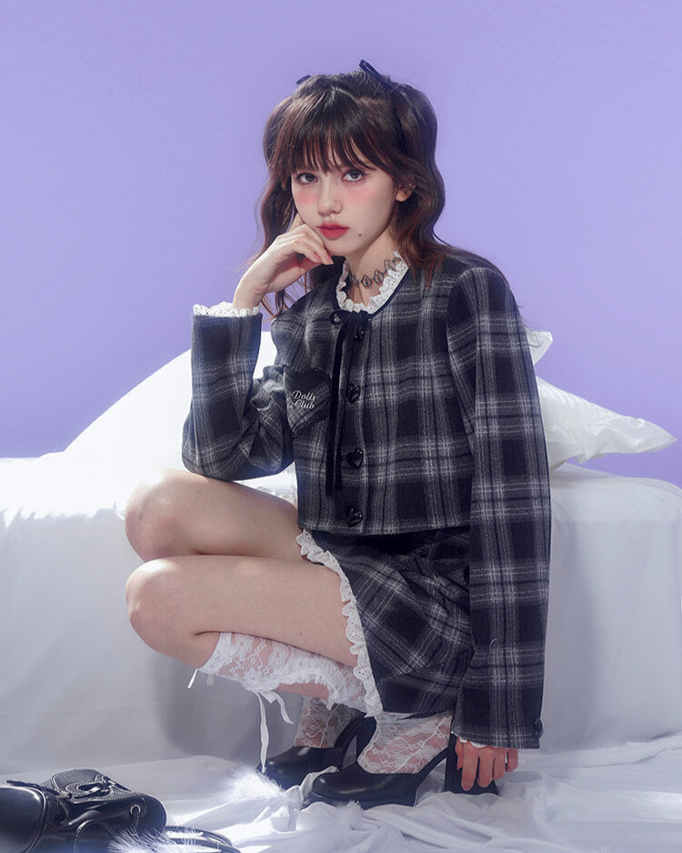 CHECK CROPPED JACKET MINI SKIRT SET UP