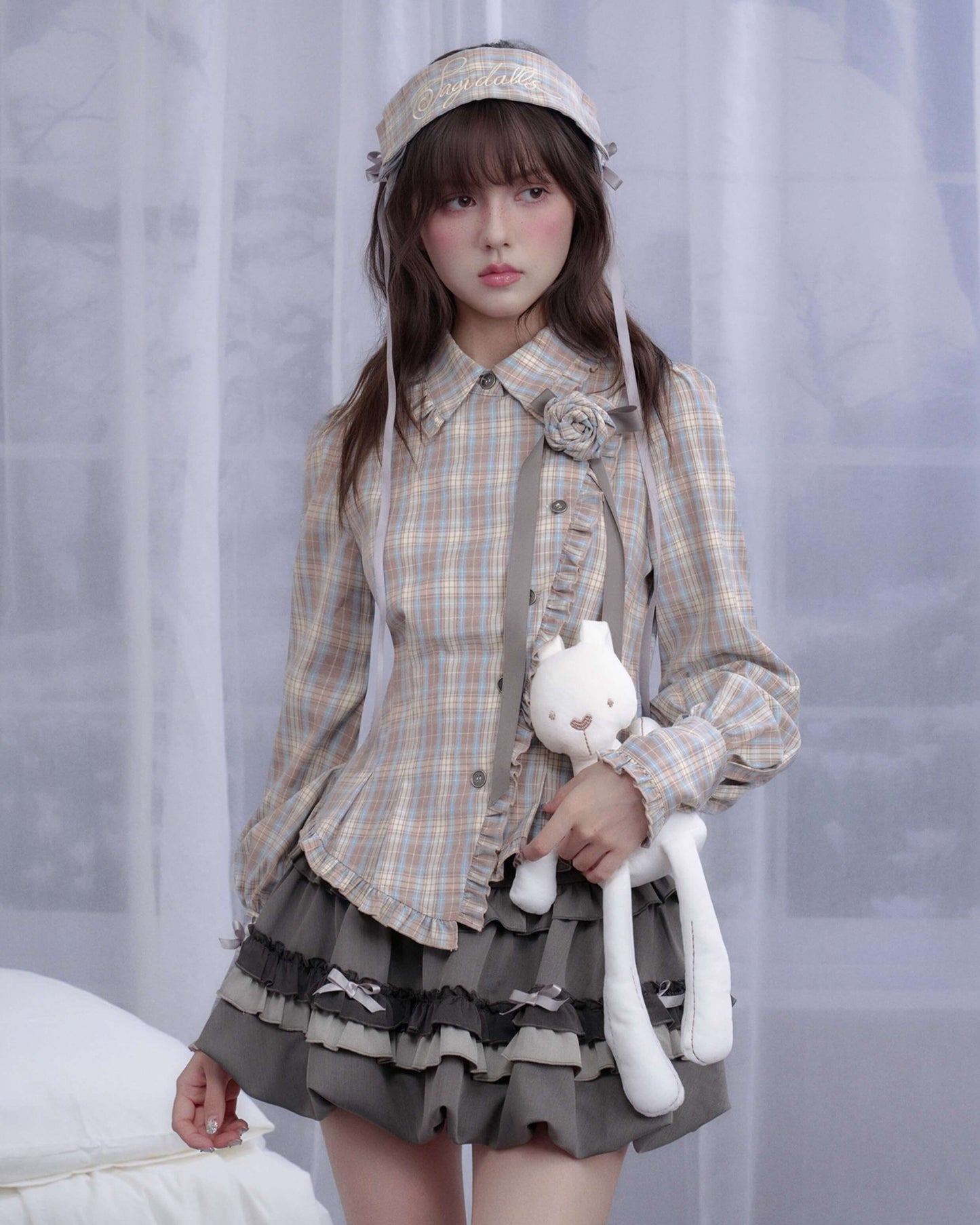 PLAID FRILL ROSE RIBBON BLOUSE