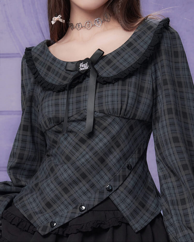 PLAID FRILL COLLAR CORSET BLOUSE