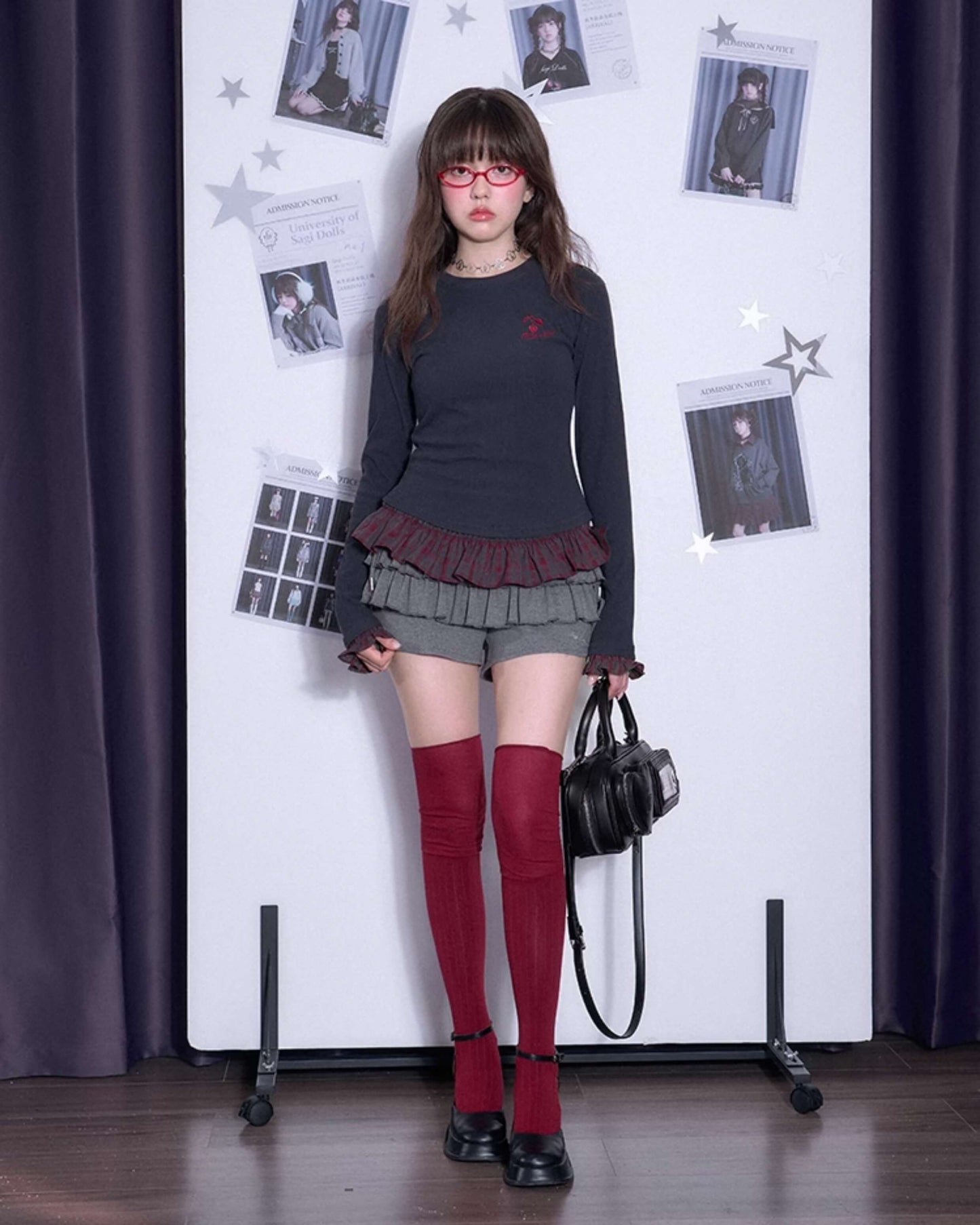 CHERRY EMBROIDERED PLAID FRILL TOP