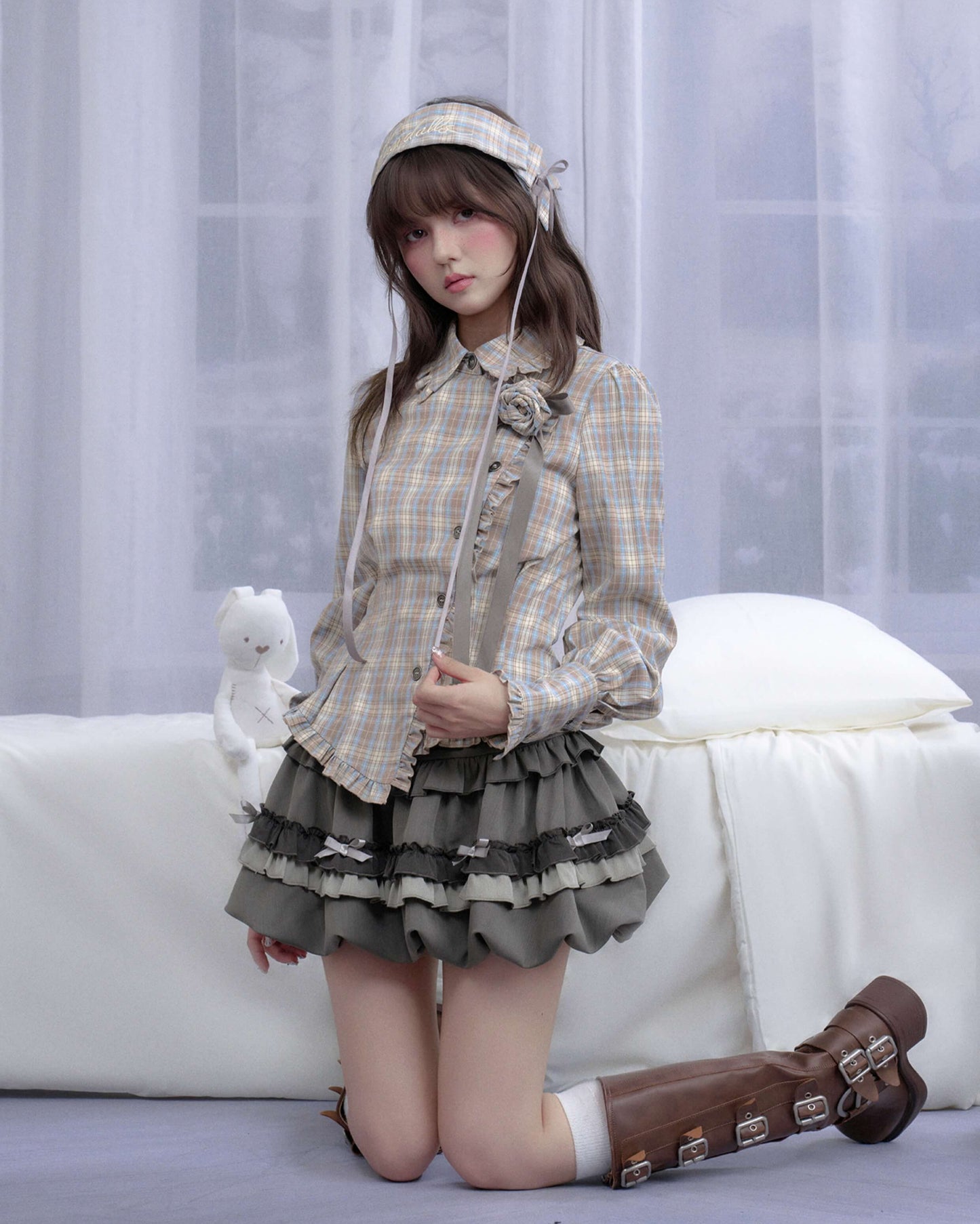 PLAID FRILL ROSE RIBBON BLOUSE