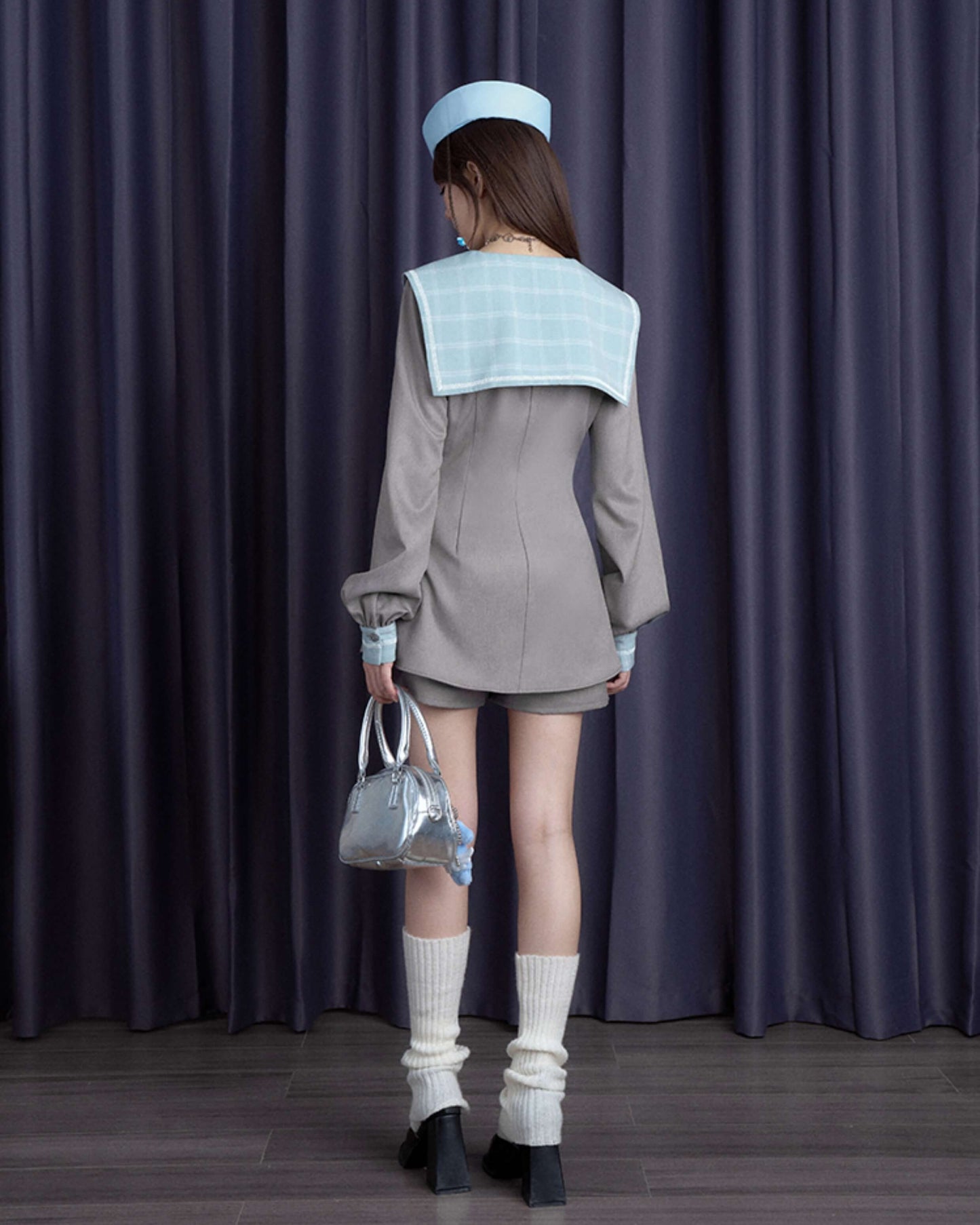 PLAID SAILOR COLLAR SHIRT DRESS SHORTS SET