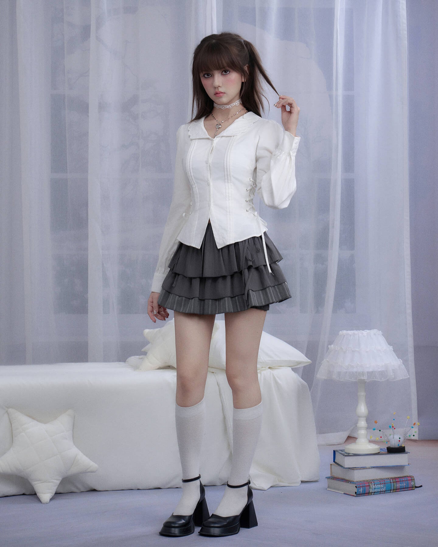 ANGEL WING COLLAR LACE-UP BLOUSE