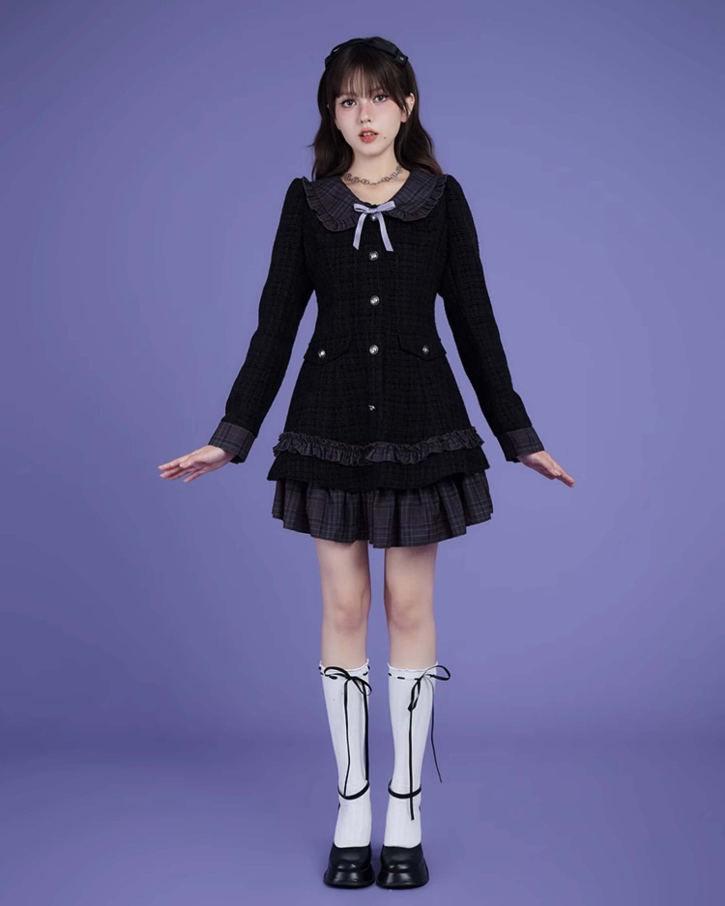 TWEED CHECK FRILL COLLAR LAYERED DRESS