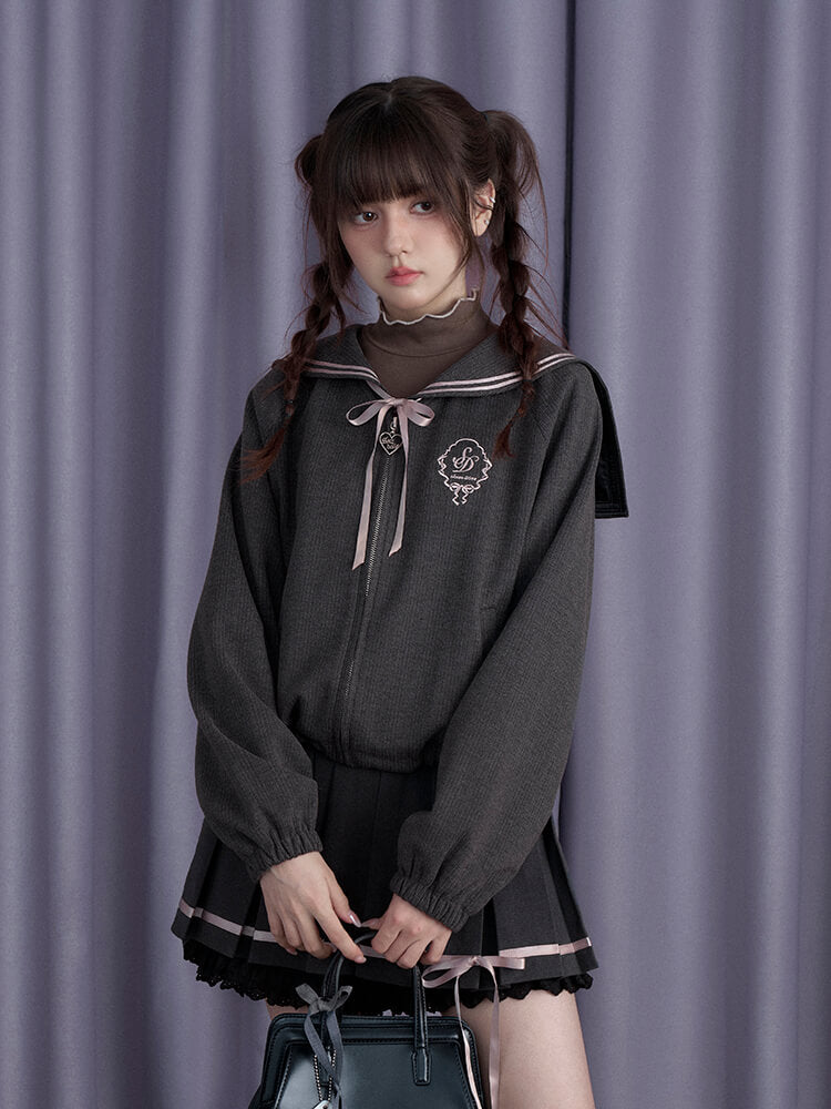 SAILOR COLLAR RIBBON ZIP BLOUSON