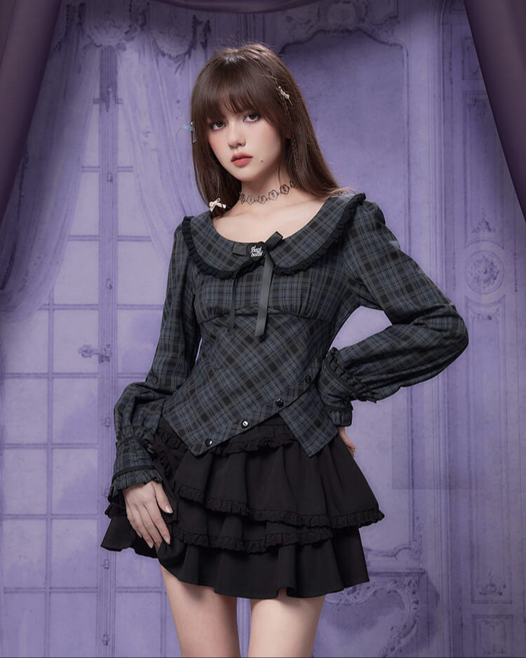 PLAID FRILL COLLAR CORSET BLOUSE
