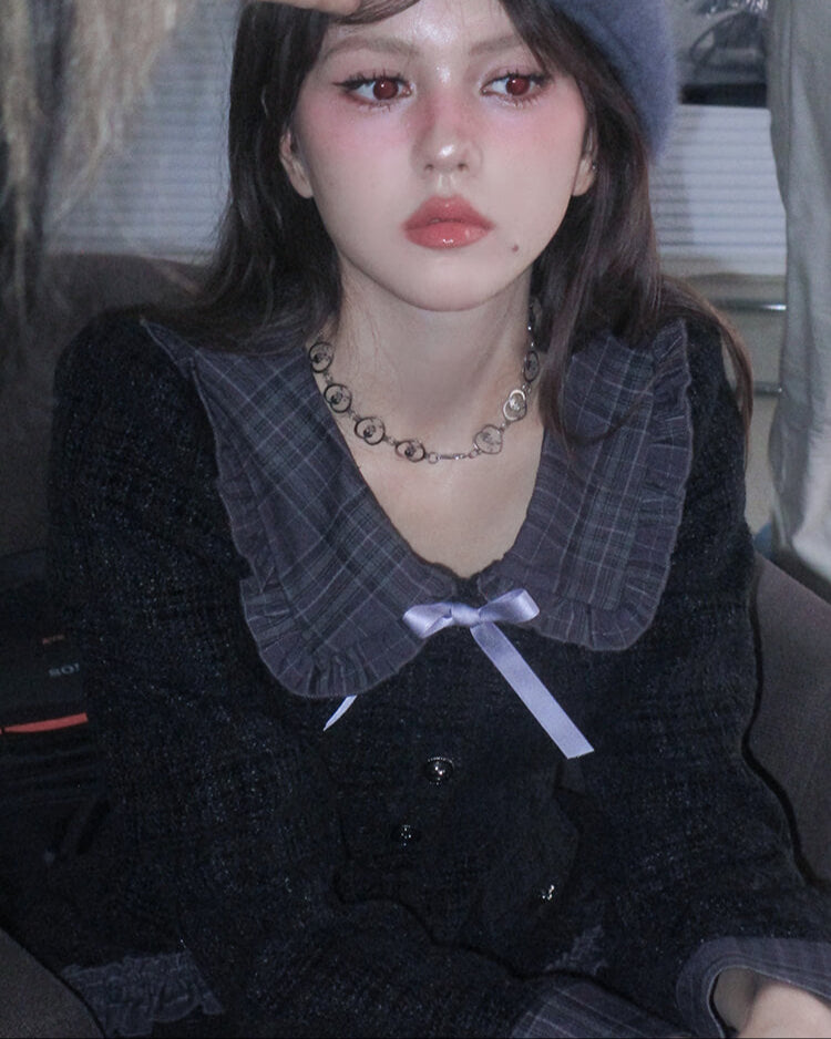 TWEED CHECK FRILL COLLAR LAYERED DRESS
