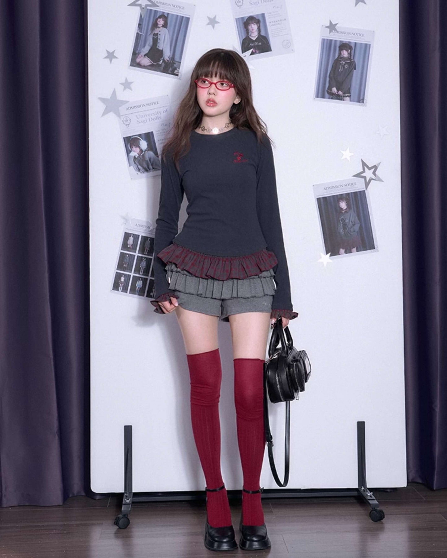 CHERRY EMBROIDERED PLAID FRILL TOP