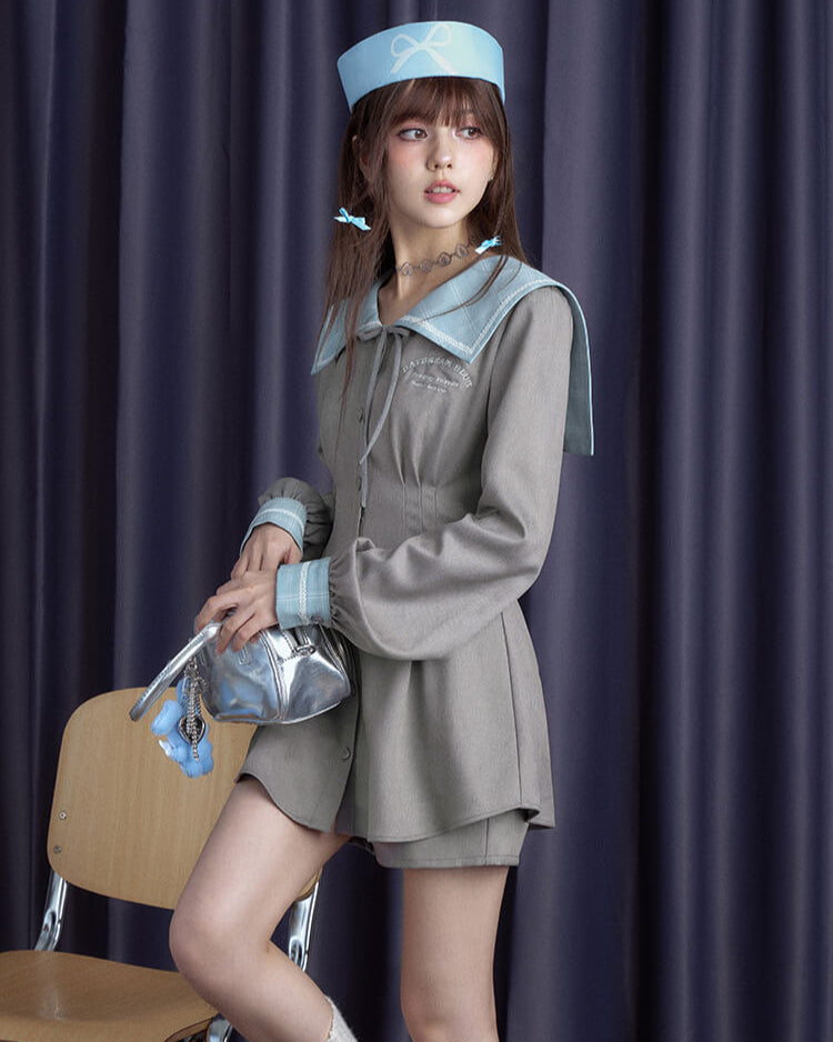 PLAID SAILOR COLLAR SHIRT DRESS SHORTS SET