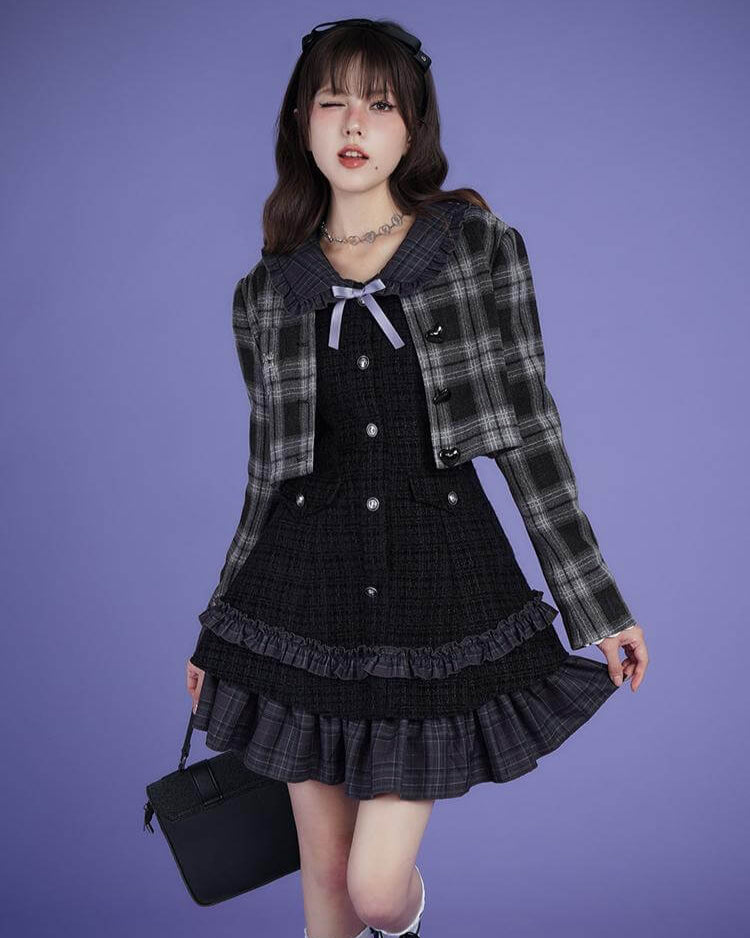TWEED CHECK FRILL COLLAR LAYERED DRESS