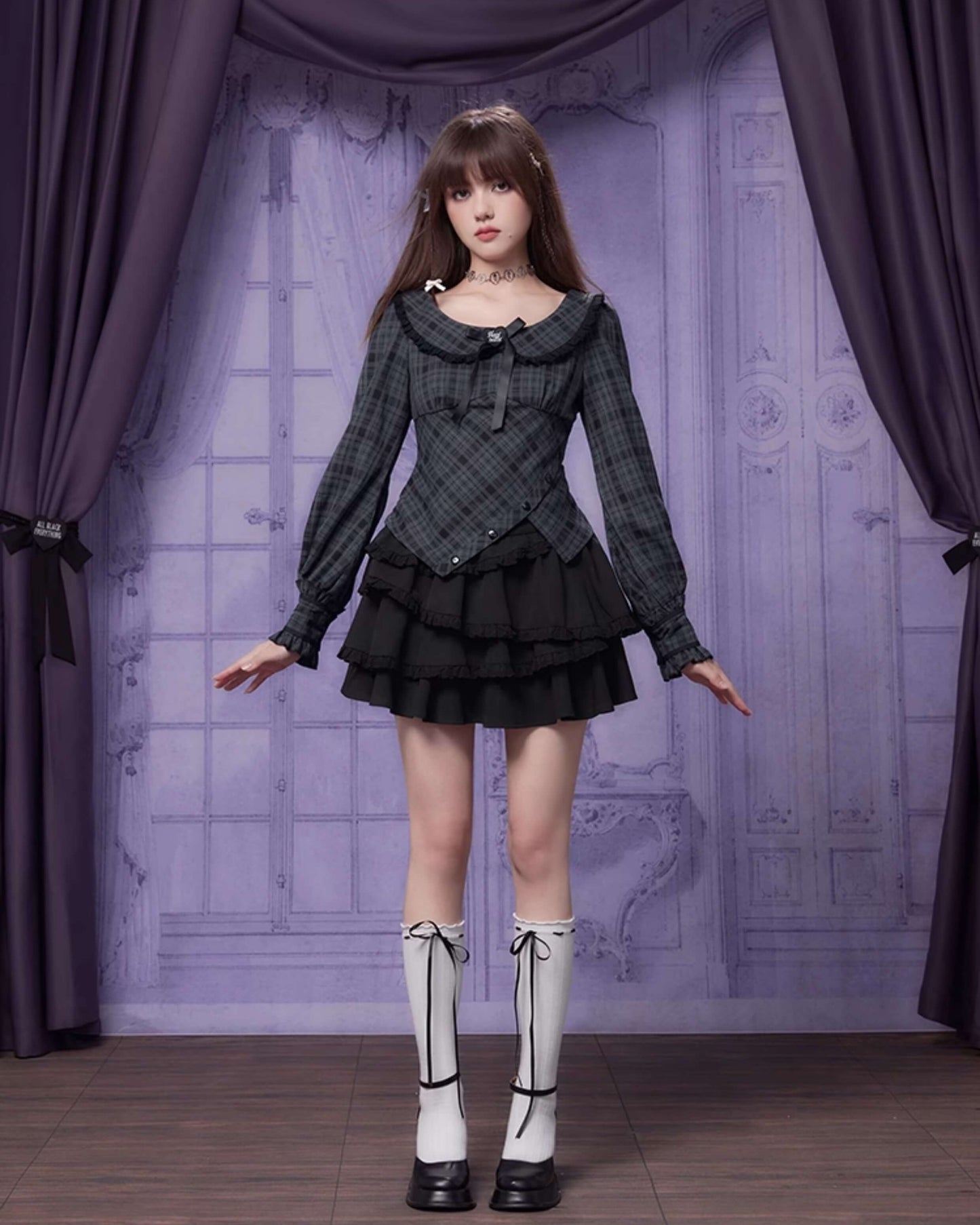 PLAID FRILL COLLAR CORSET BLOUSE