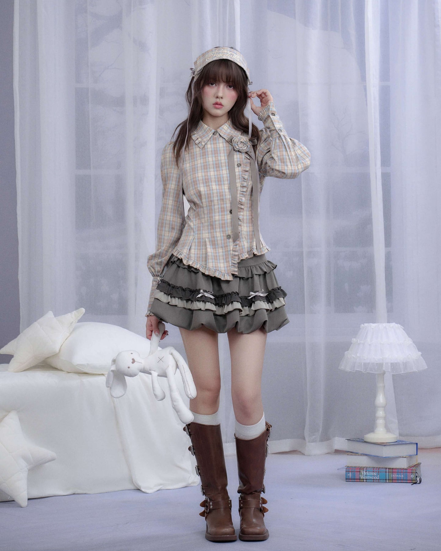 PLAID FRILL ROSE RIBBON BLOUSE