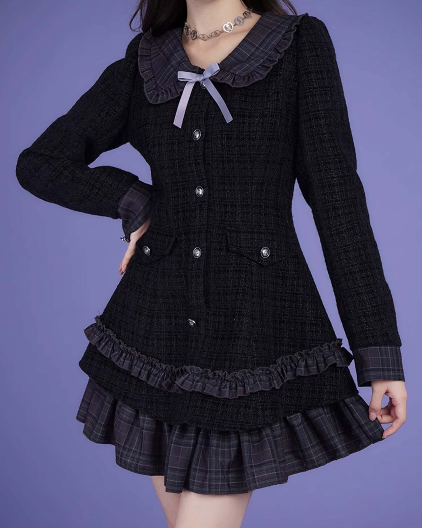 TWEED CHECK FRILL COLLAR LAYERED DRESS