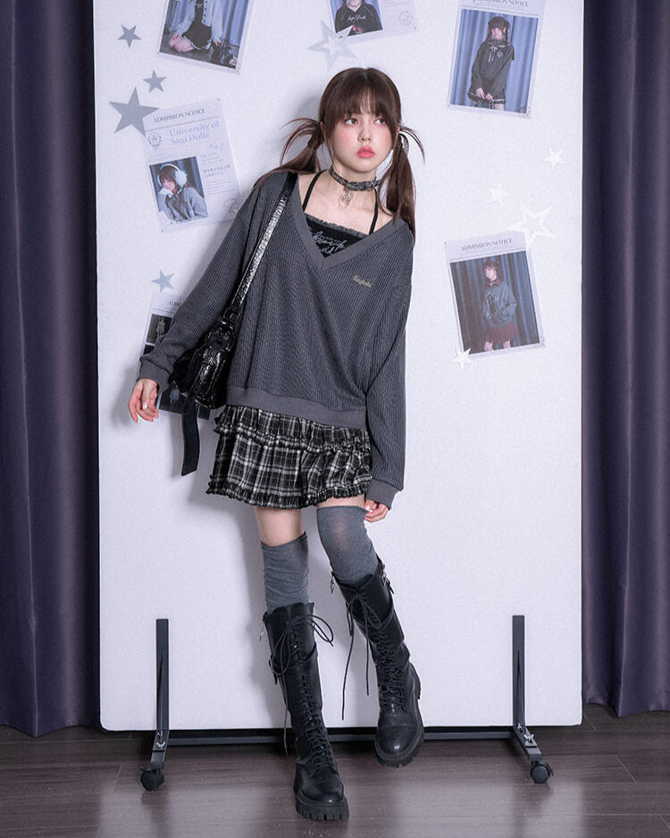 V-NECK KNIT CHECK TIERED DRESS