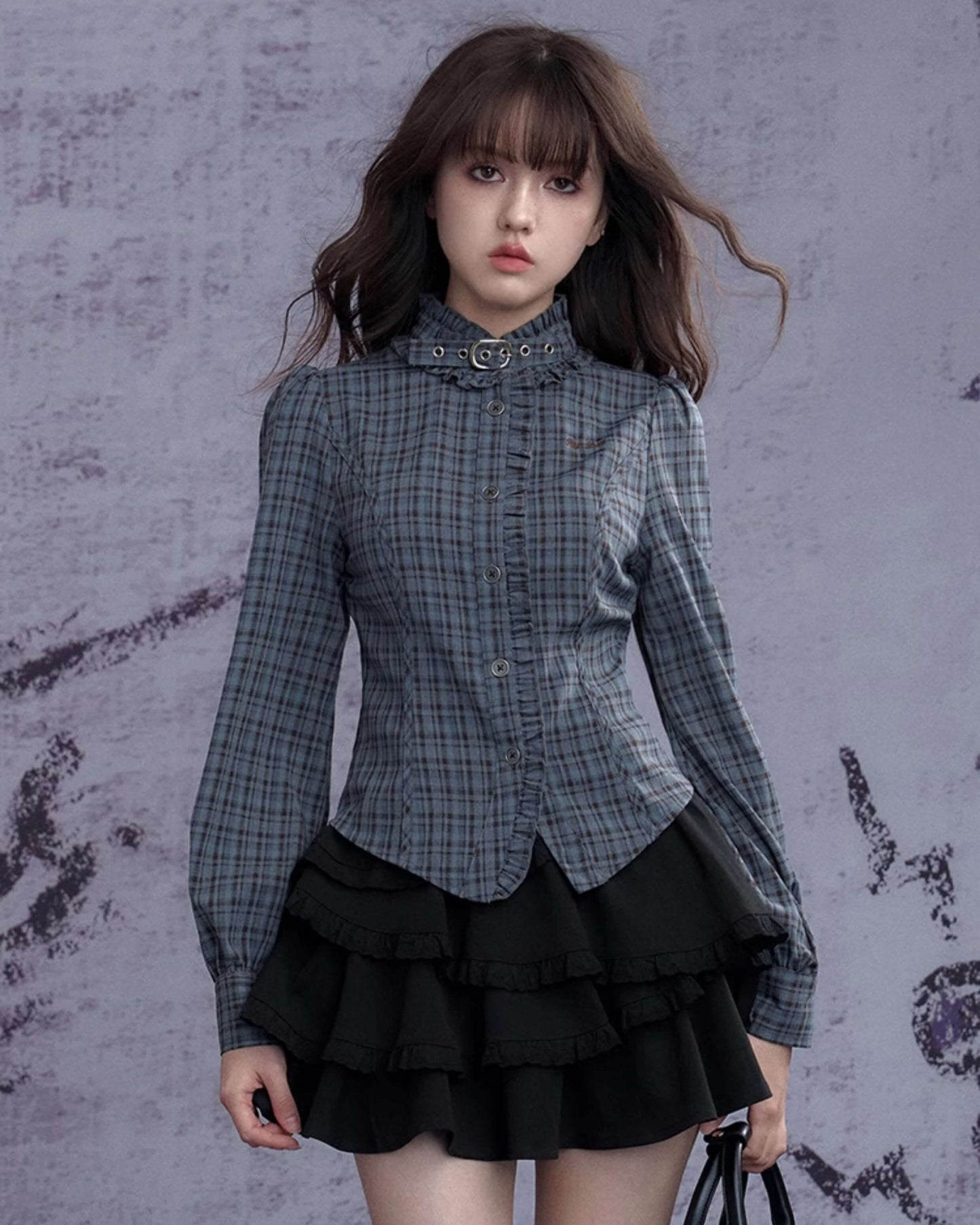 CHECK FRILL BUCKLE-NECK CORSET SHIRT