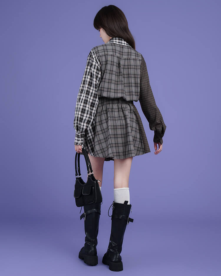 PATCHWORK CHECK SHIRT TIE DRESS