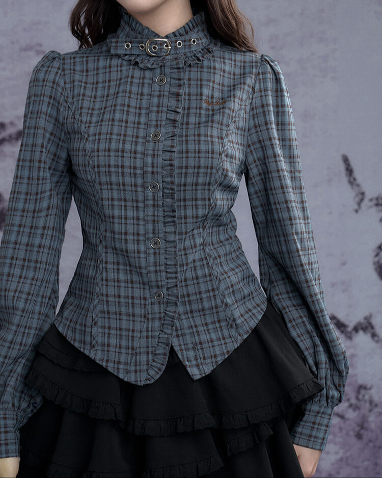 CHECK FRILL BUCKLE-NECK CORSET SHIRT