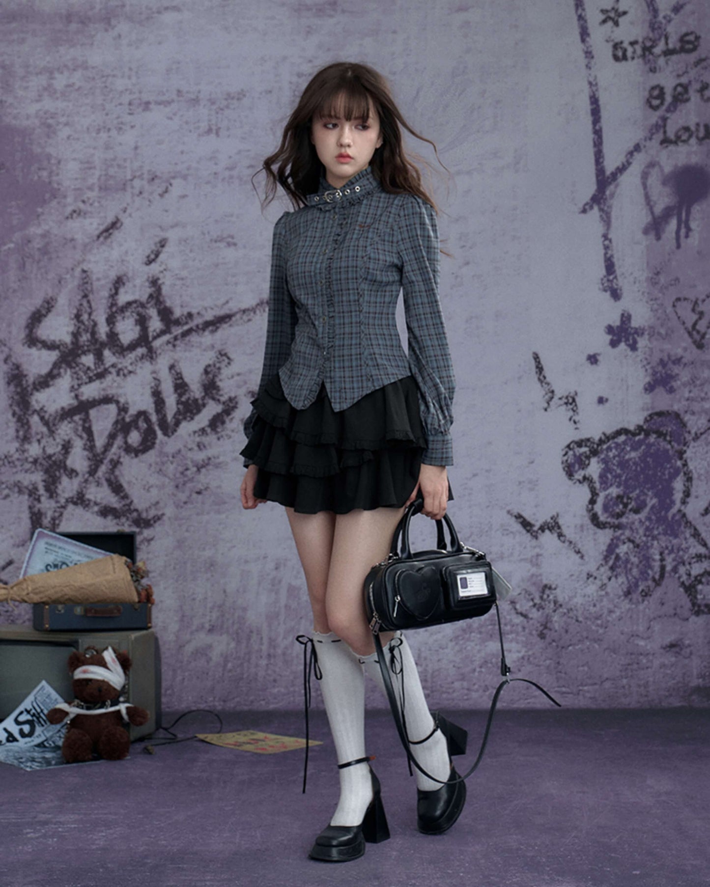 CHECK FRILL BUCKLE-NECK CORSET SHIRT