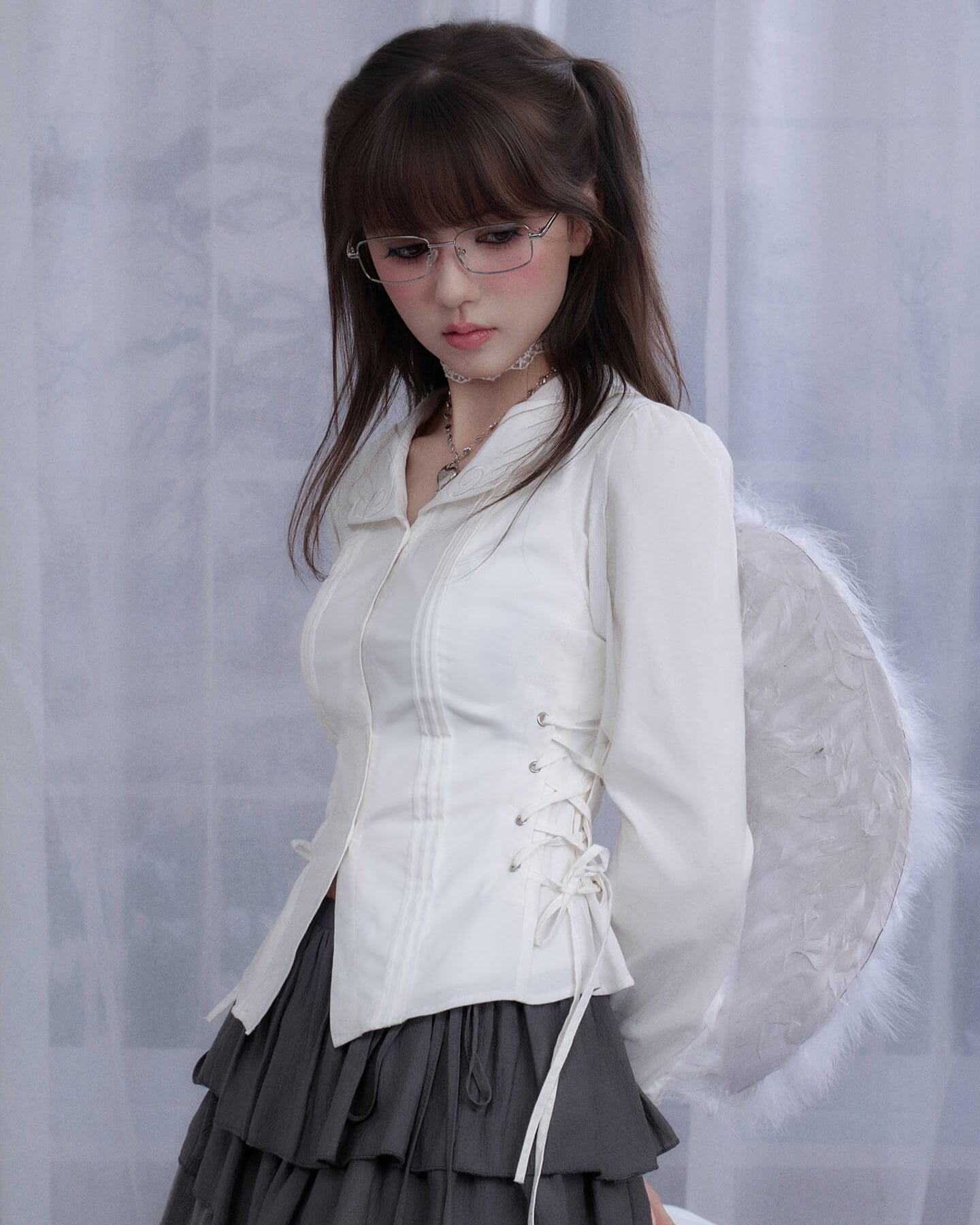 ANGEL WING COLLAR LACE-UP BLOUSE