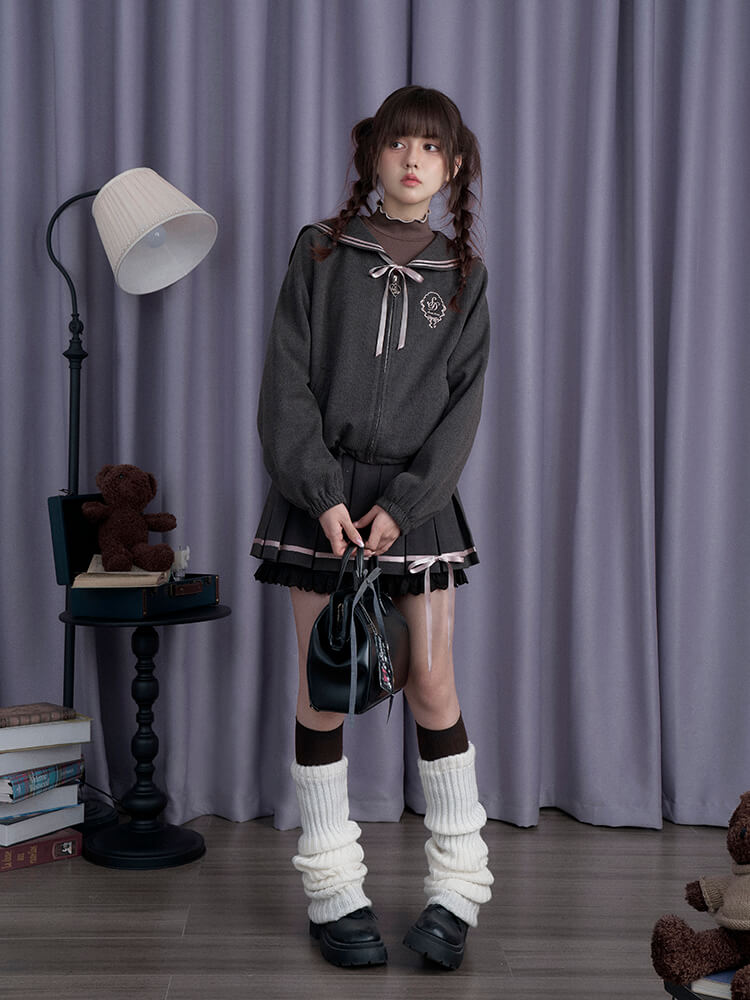 SAILOR COLLAR RIBBON ZIP BLOUSON