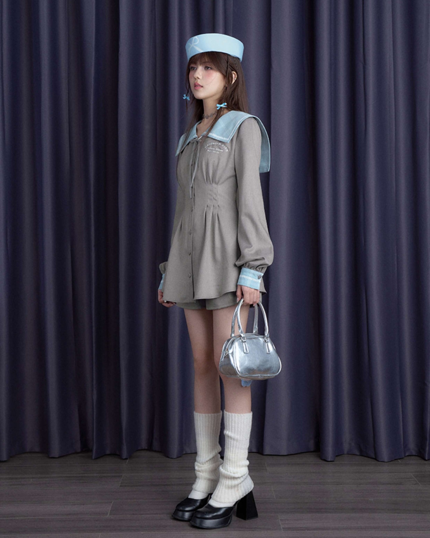 PLAID SAILOR COLLAR SHIRT DRESS SHORTS SET