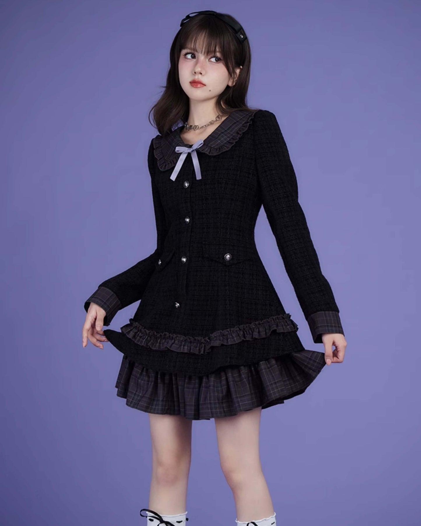TWEED CHECK FRILL COLLAR LAYERED DRESS