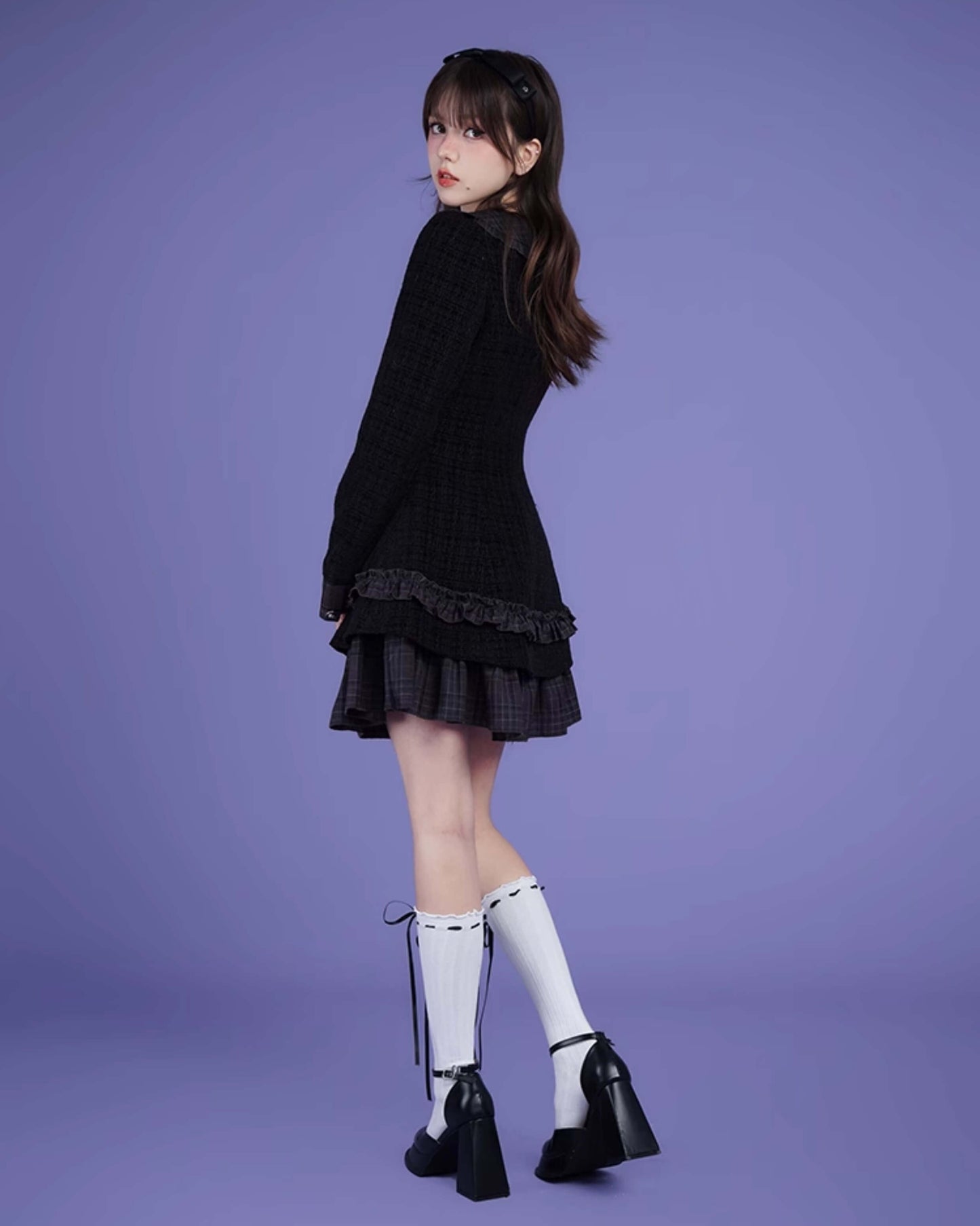 TWEED CHECK FRILL COLLAR LAYERED DRESS