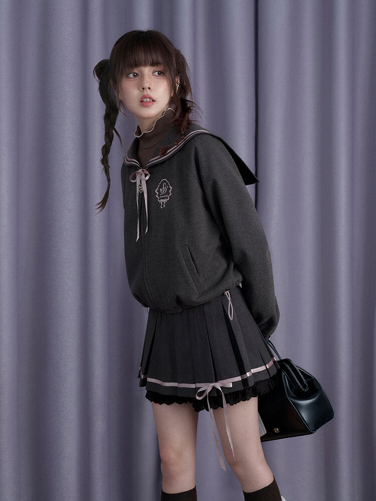 SAILOR COLLAR RIBBON ZIP BLOUSON