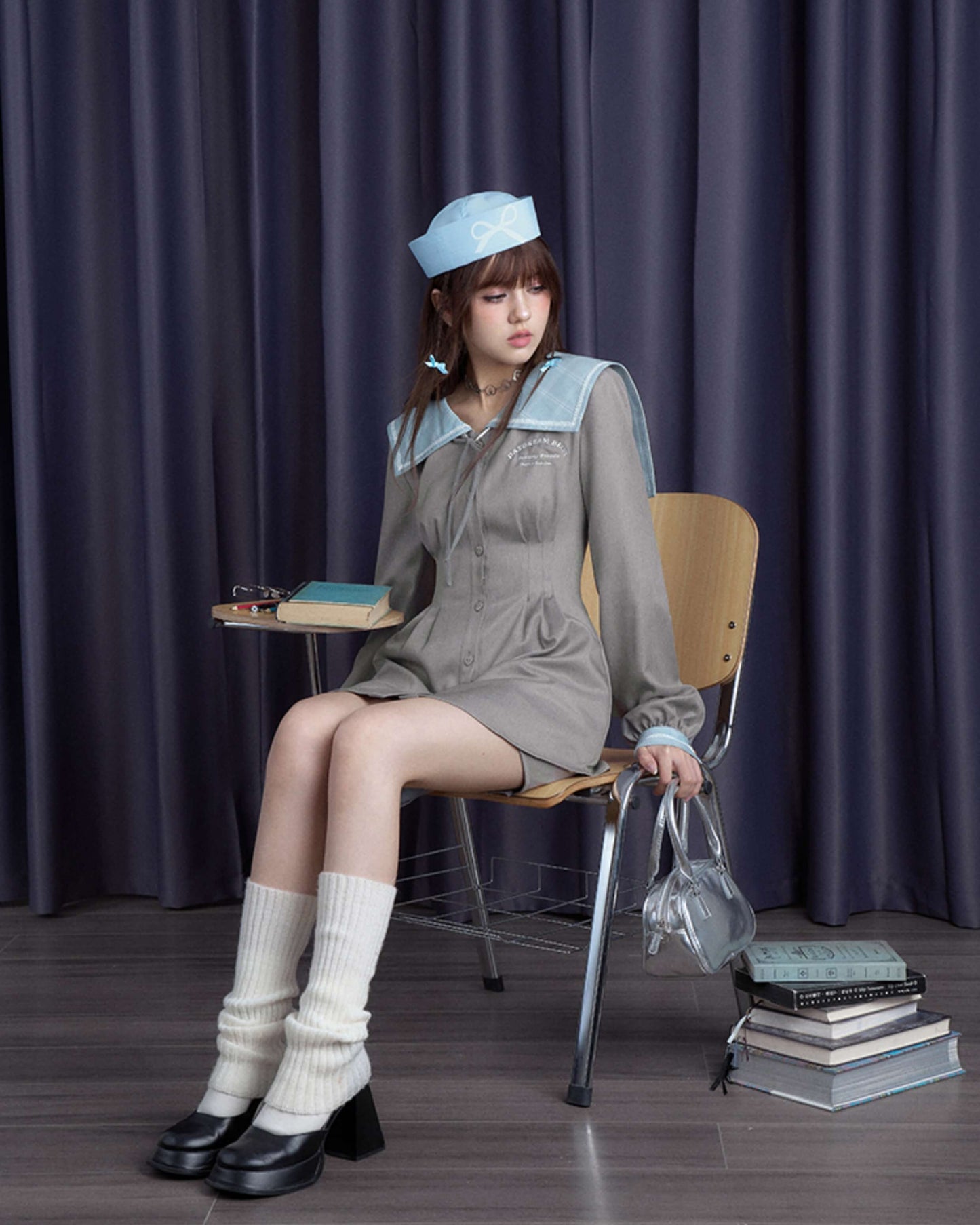 PLAID SAILOR COLLAR SHIRT DRESS SHORTS SET