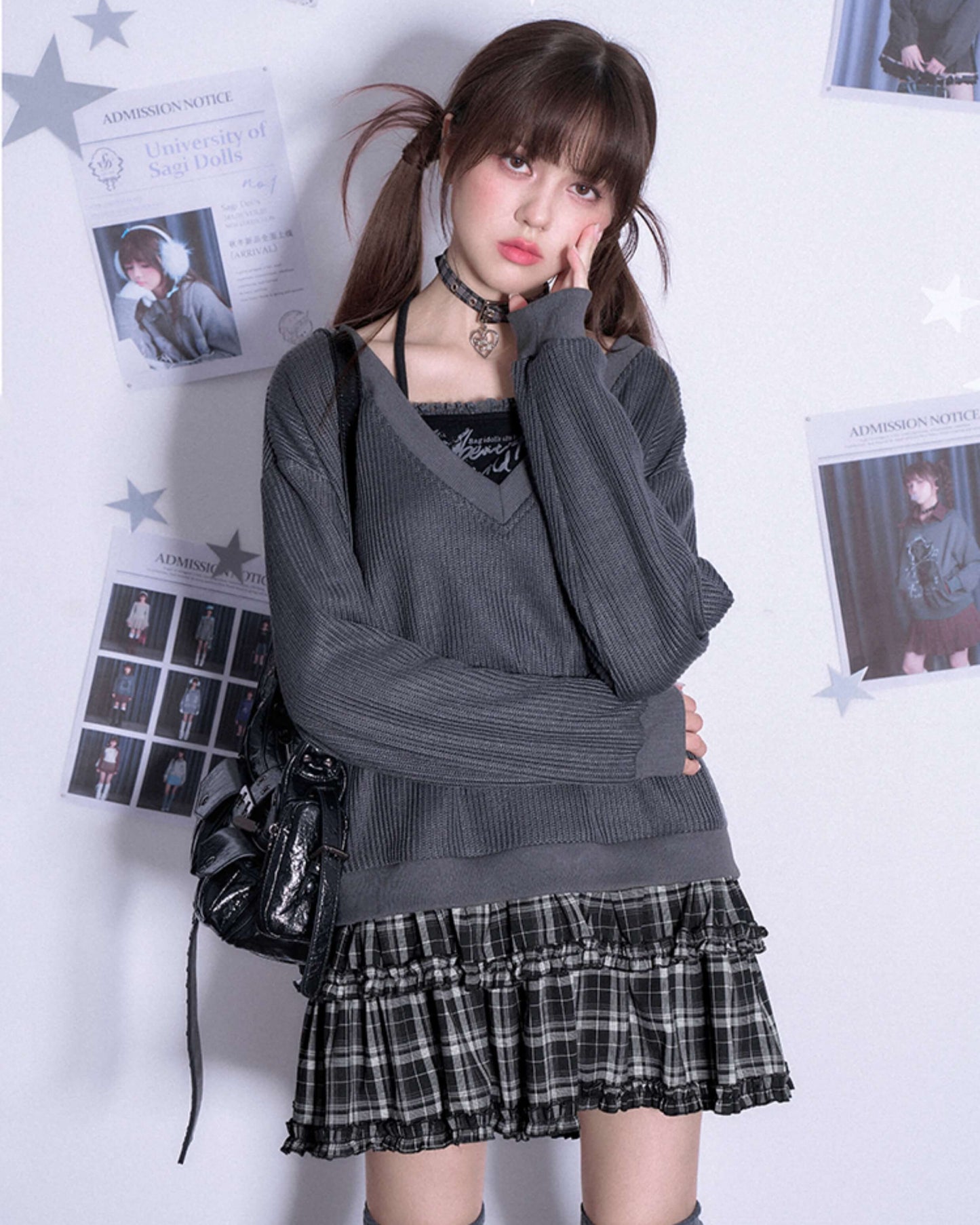 V-NECK KNIT CHECK TIERED DRESS
