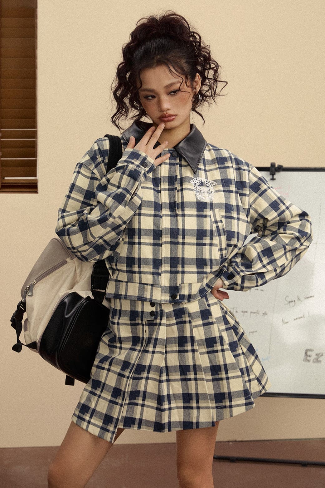 ◎ebure エブール　プリーツラップスカート　レザーストラップ　チェック　38 ◎ebure エブール プリーツラップスカート レザーストラップ