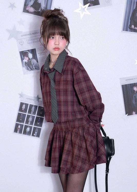 PLAID DOUBLE-COLLAR TIE SHIRT DRESS