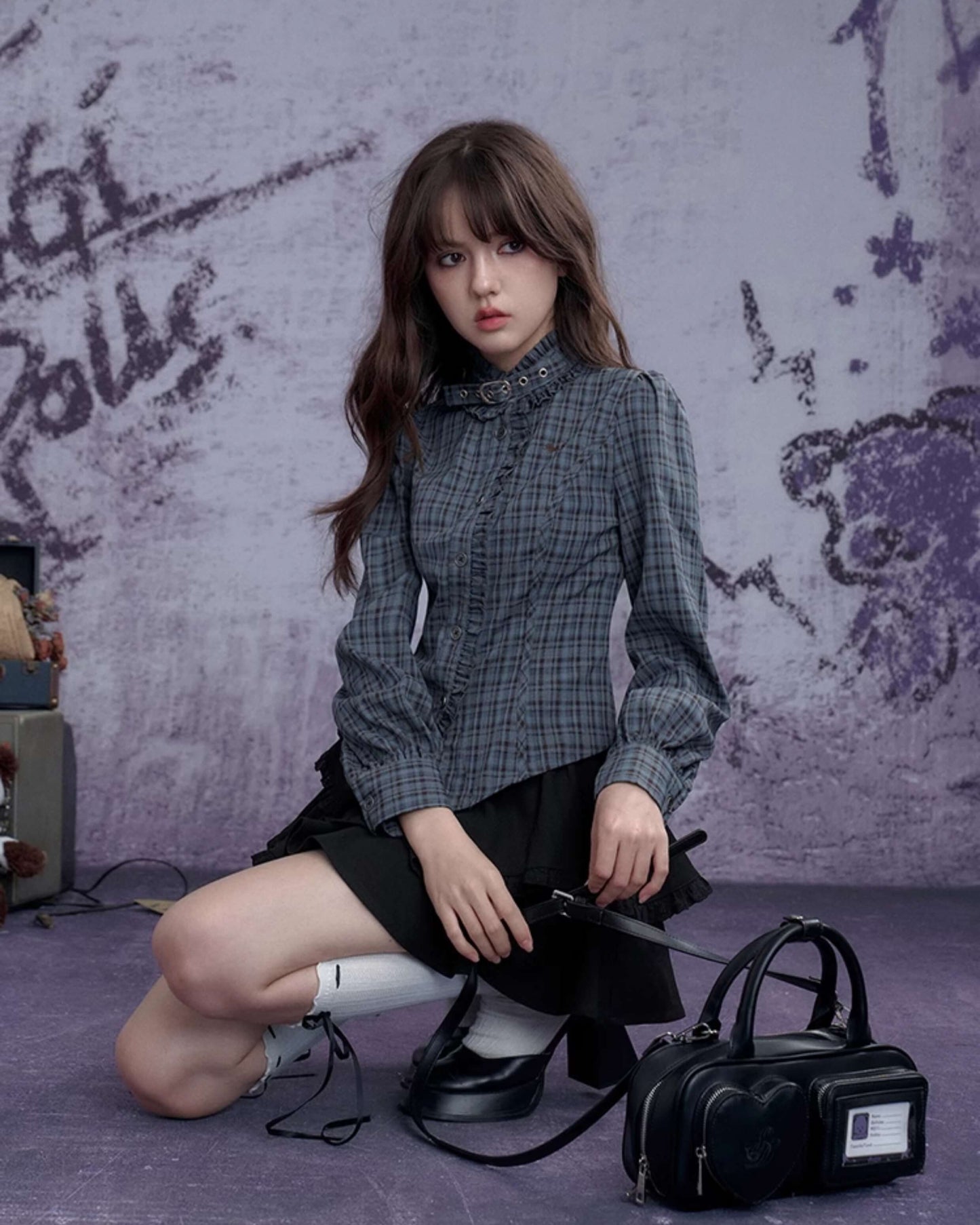 CHECK FRILL BUCKLE-NECK CORSET SHIRT