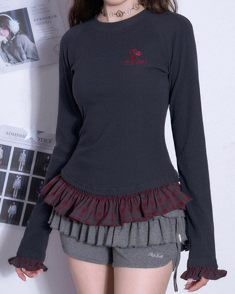 CHERRY EMBROIDERED PLAID FRILL TOP