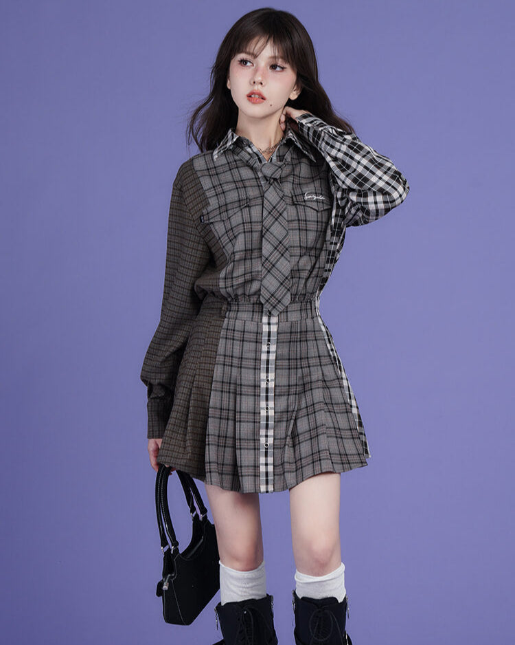 PATCHWORK CHECK SHIRT TIE DRESS