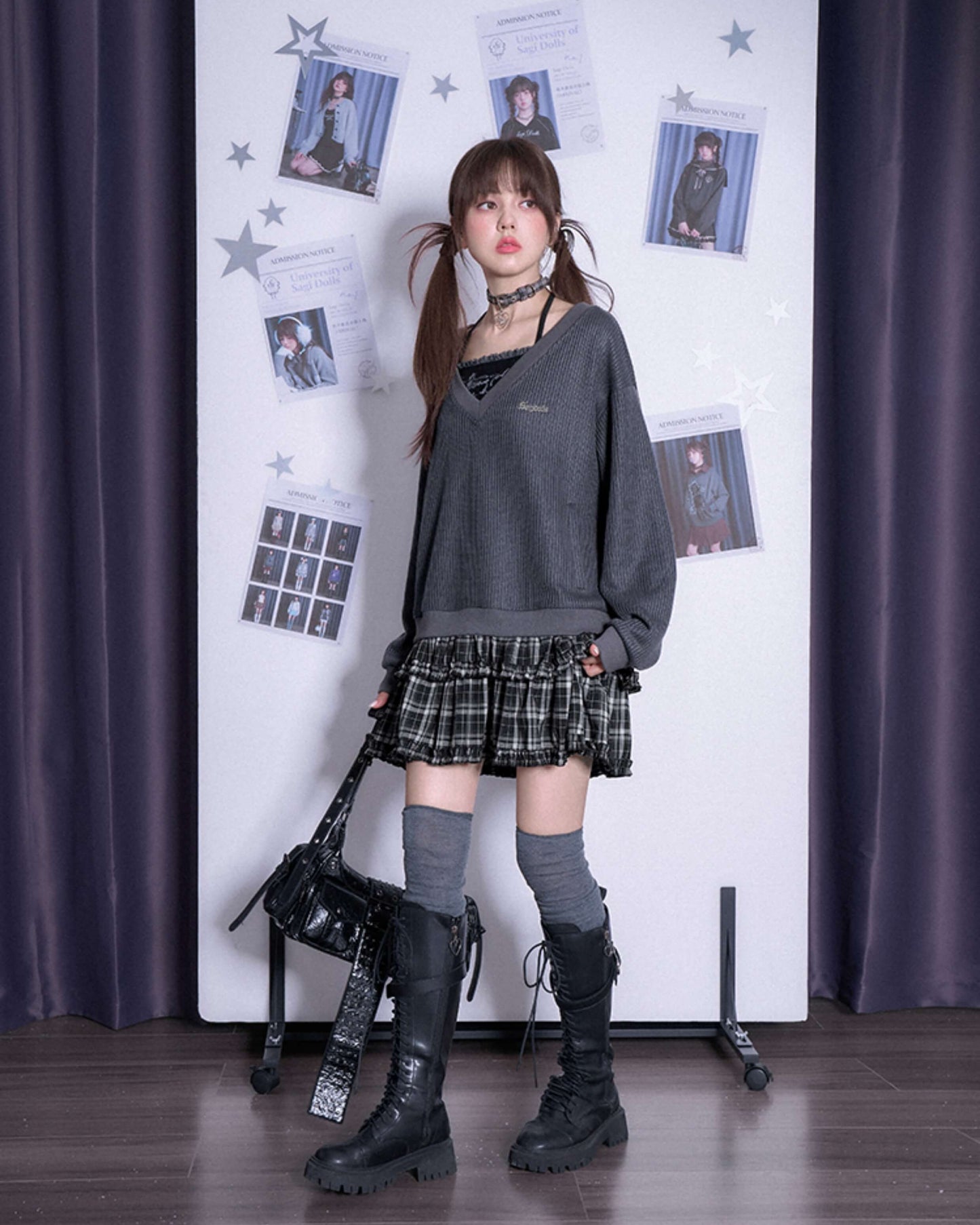V-NECK KNIT CHECK TIERED DRESS