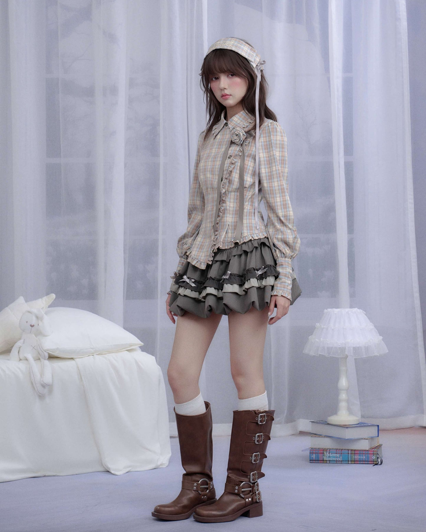 PLAID FRILL ROSE RIBBON BLOUSE