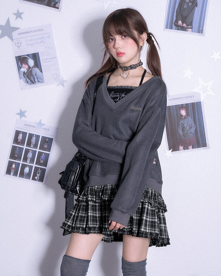 V-NECK KNIT CHECK TIERED DRESS