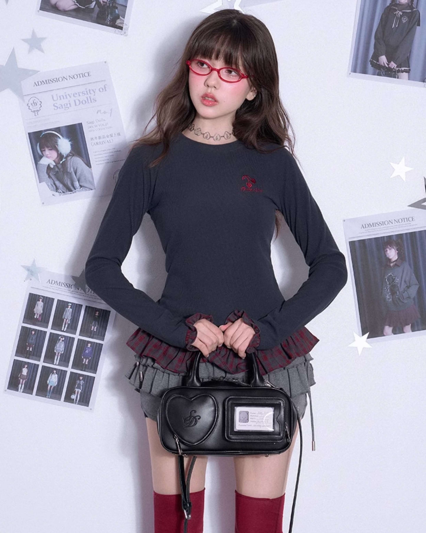 CHERRY EMBROIDERED PLAID FRILL TOP