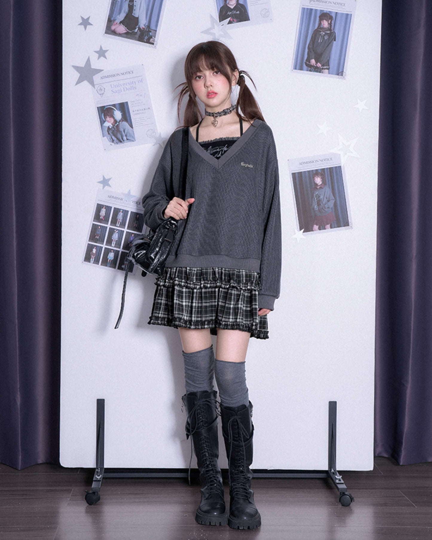 V-NECK KNIT CHECK TIERED DRESS