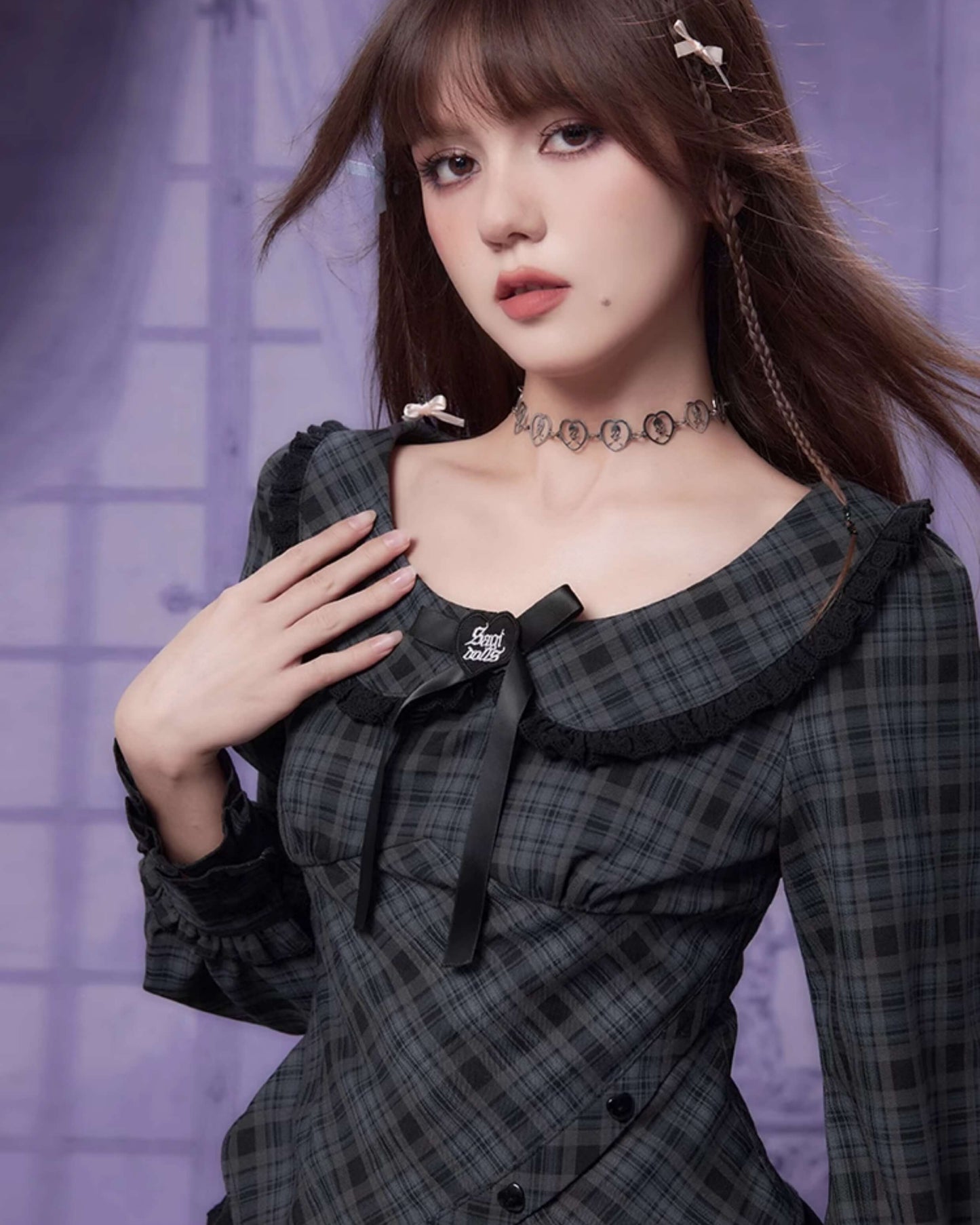 PLAID FRILL COLLAR CORSET BLOUSE