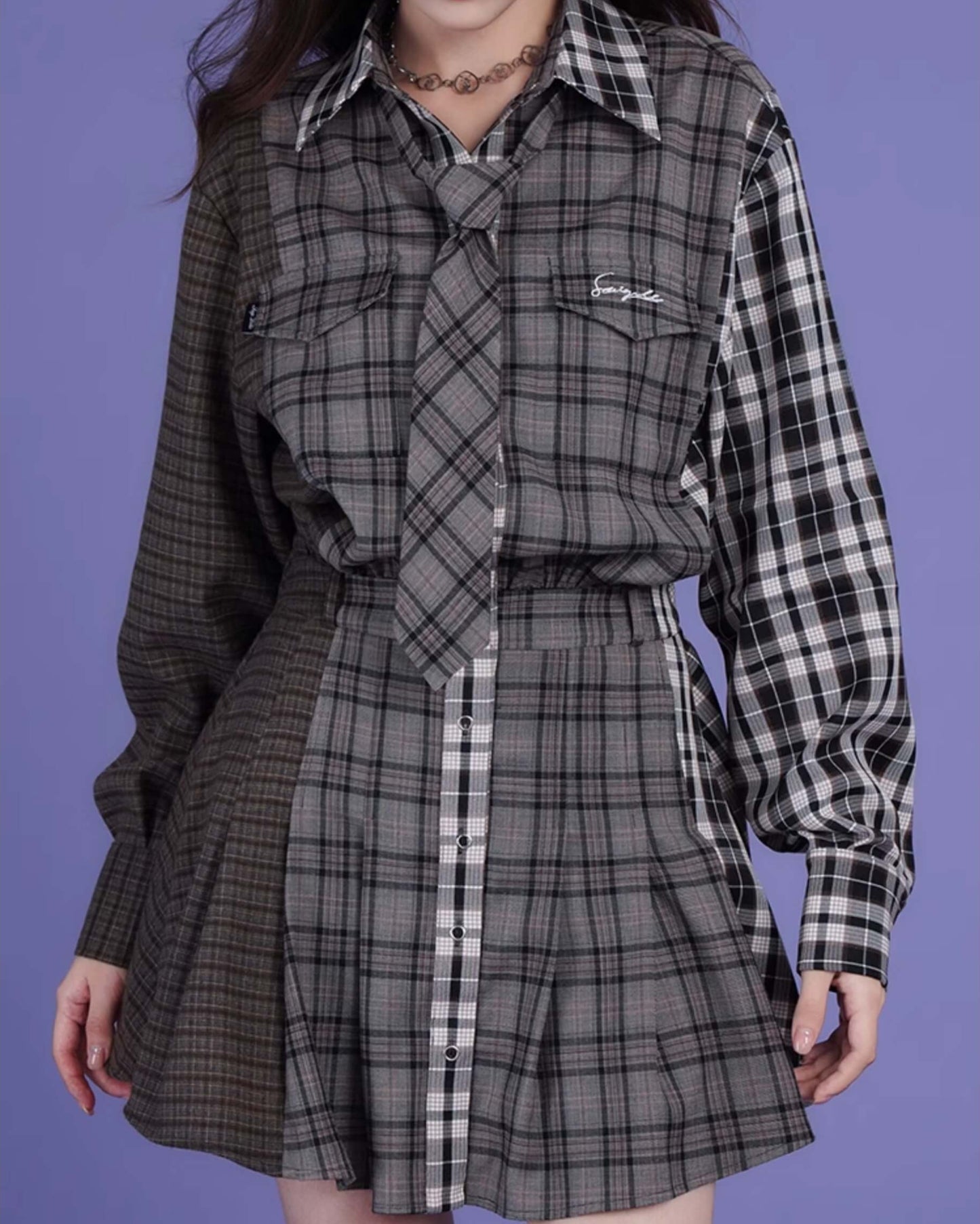 PATCHWORK CHECK SHIRT TIE DRESS