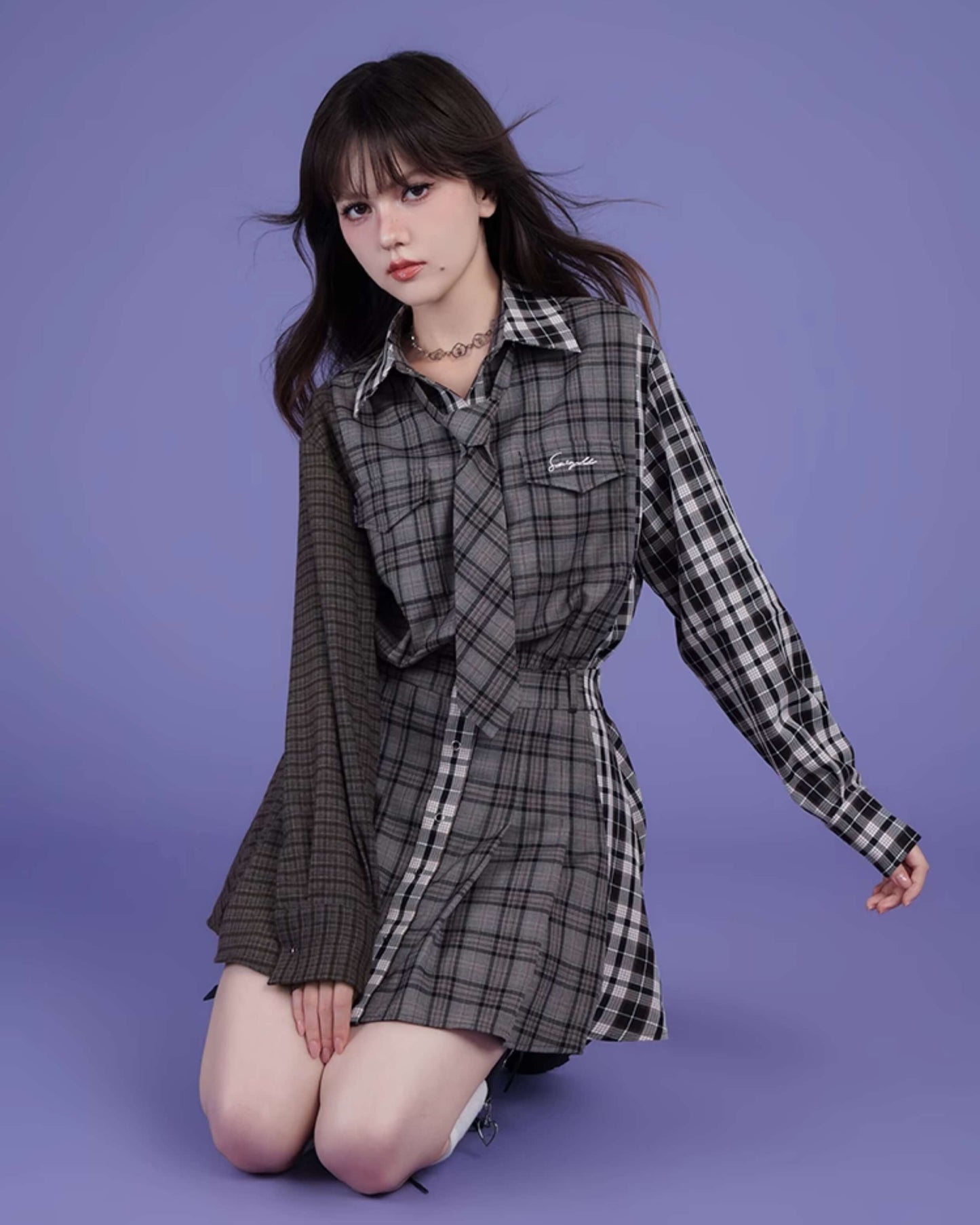 PATCHWORK CHECK SHIRT TIE DRESS