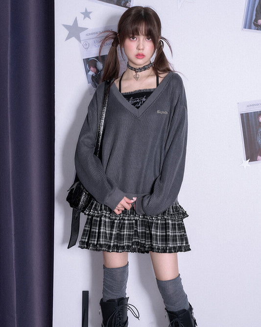 V-NECK KNIT CHECK TIERED DRESS