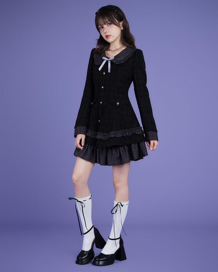 TWEED CHECK FRILL COLLAR LAYERED DRESS
