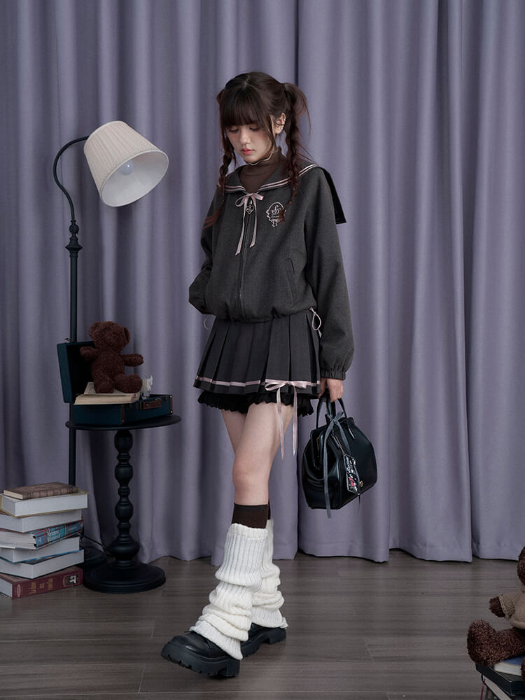 SAILOR COLLAR RIBBON ZIP BLOUSON