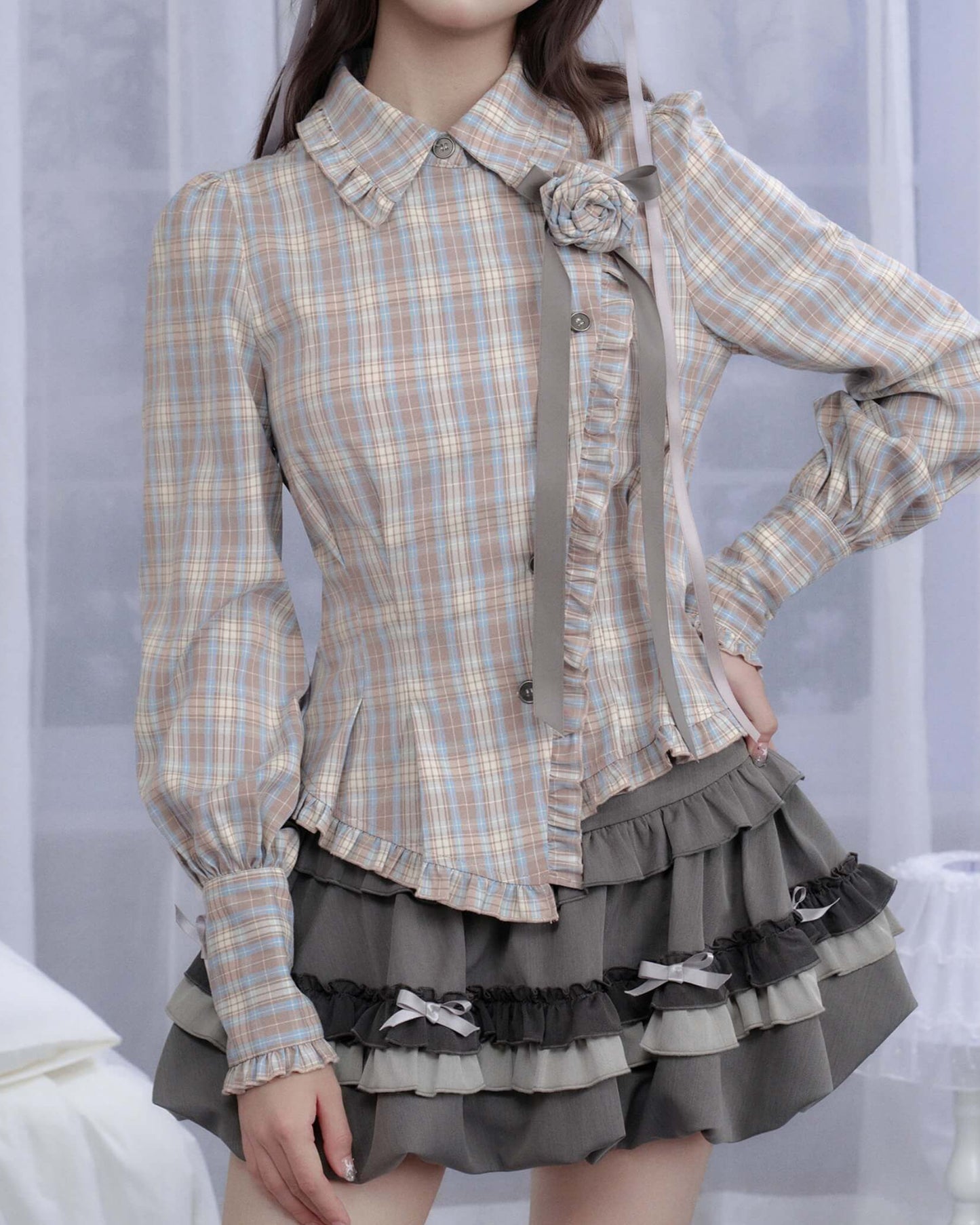 PLAID FRILL ROSE RIBBON BLOUSE