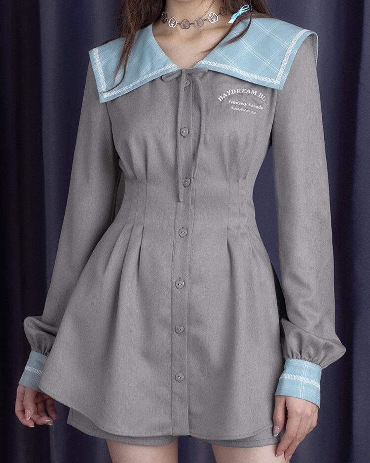 PLAID SAILOR COLLAR SHIRT DRESS SHORTS SET