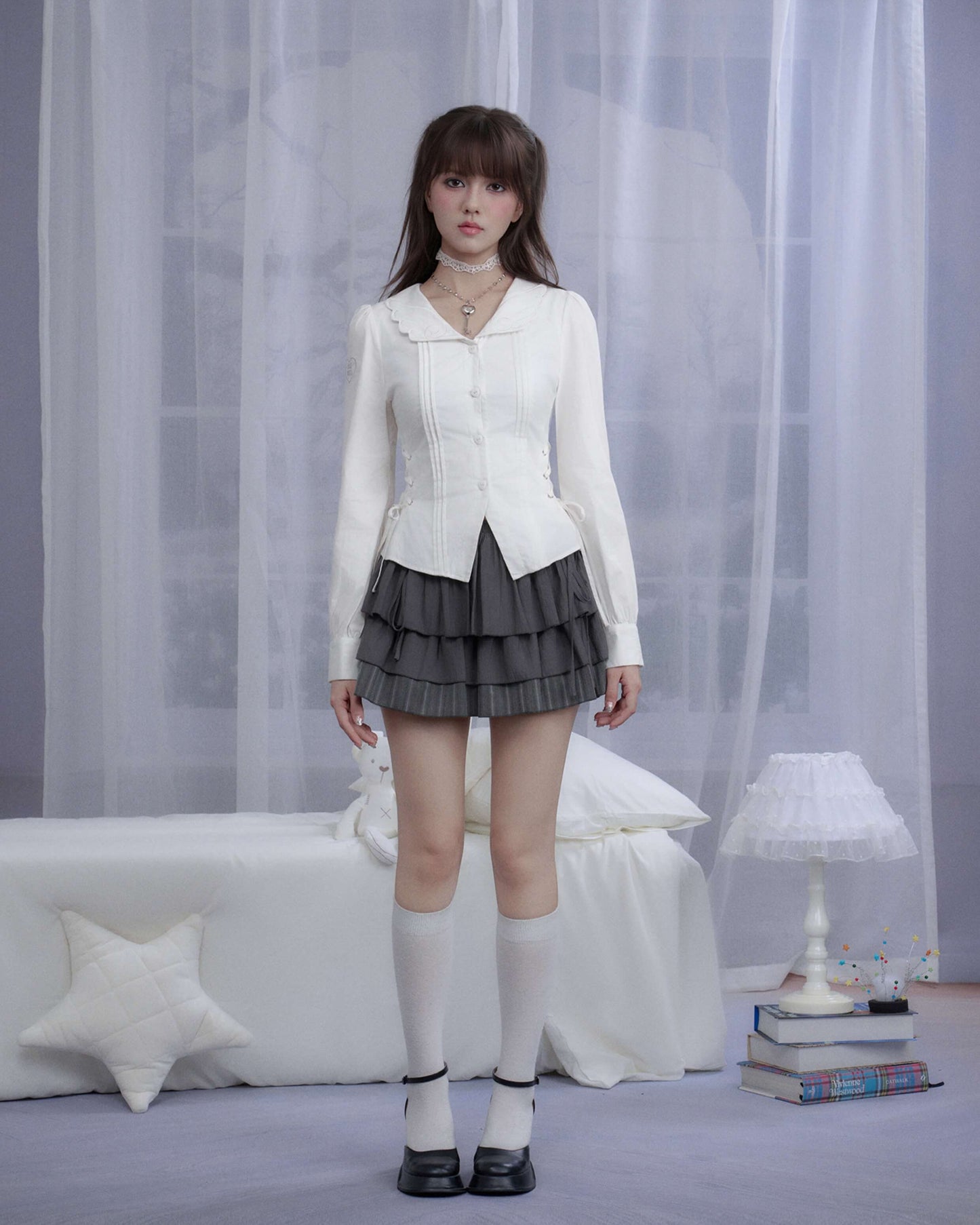 ANGEL WING COLLAR LACE-UP BLOUSE