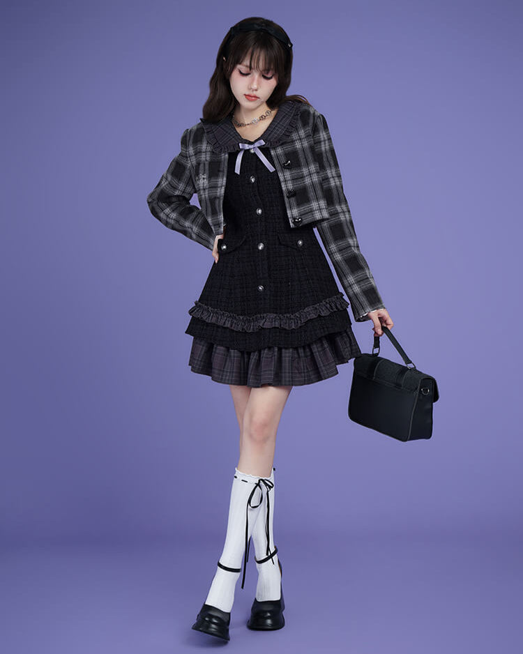 TWEED CHECK FRILL COLLAR LAYERED DRESS